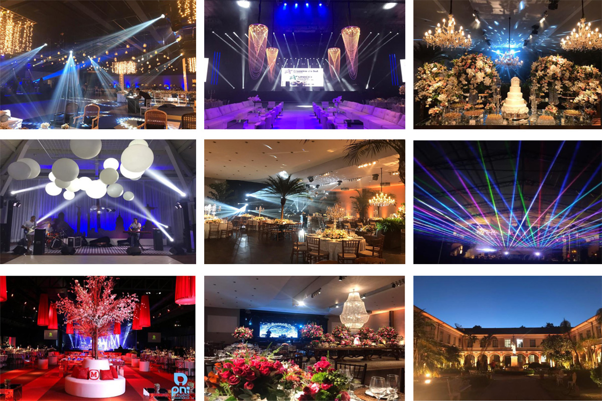 Luz cênica para evento corporativo e casamento